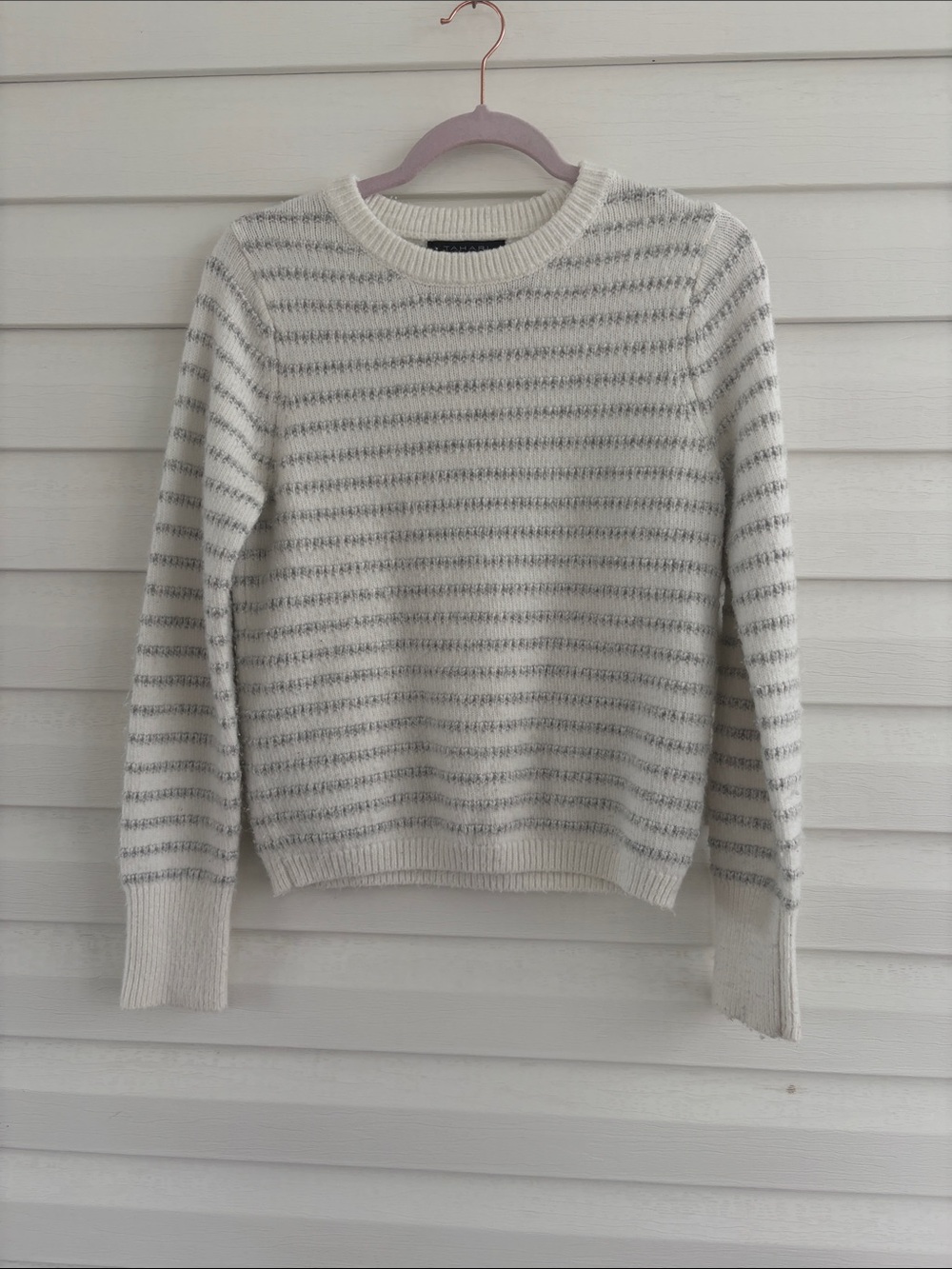 ✨ 3 for $15 Bundle Deal ✨ Tahari Ivory and Charcoal Striped Crew Neck Sweater